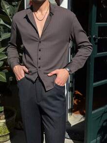 男士条纹休闲日常长袖 T 恤 - 深灰色 - 查看 4