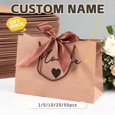 1-50pcs Custom Gift Bag, 11*7.9*3.9 Inch Paper Khaki Custom Name Bridesmaid Gift Box, Ideals For Bridal Party, Birthday, Wedding, Engagement, Anniversaries, Graduation, Bridesmaid Gift Bag, Ribbon Tie Gift Bag, Employee Gift Bag, Christmas Gift Bag, Suitable For Bridesmaid Gifts, Wedding Party, Gifts For Her, Gift For Him