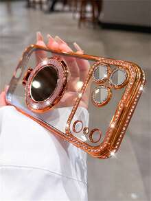 Luxury Shiny Rhinestone Lens Protect Plating Anti-Drop Case With Shiny Glitter Makeup Mirror Ring Holder Bracket Phone Case Compatible With IPhone 17ProMax 17Pro 17 16Promax 15 14 Plus 13 12 Pro Max 11 17Air High Quality Shockproof Bumper Back Cover