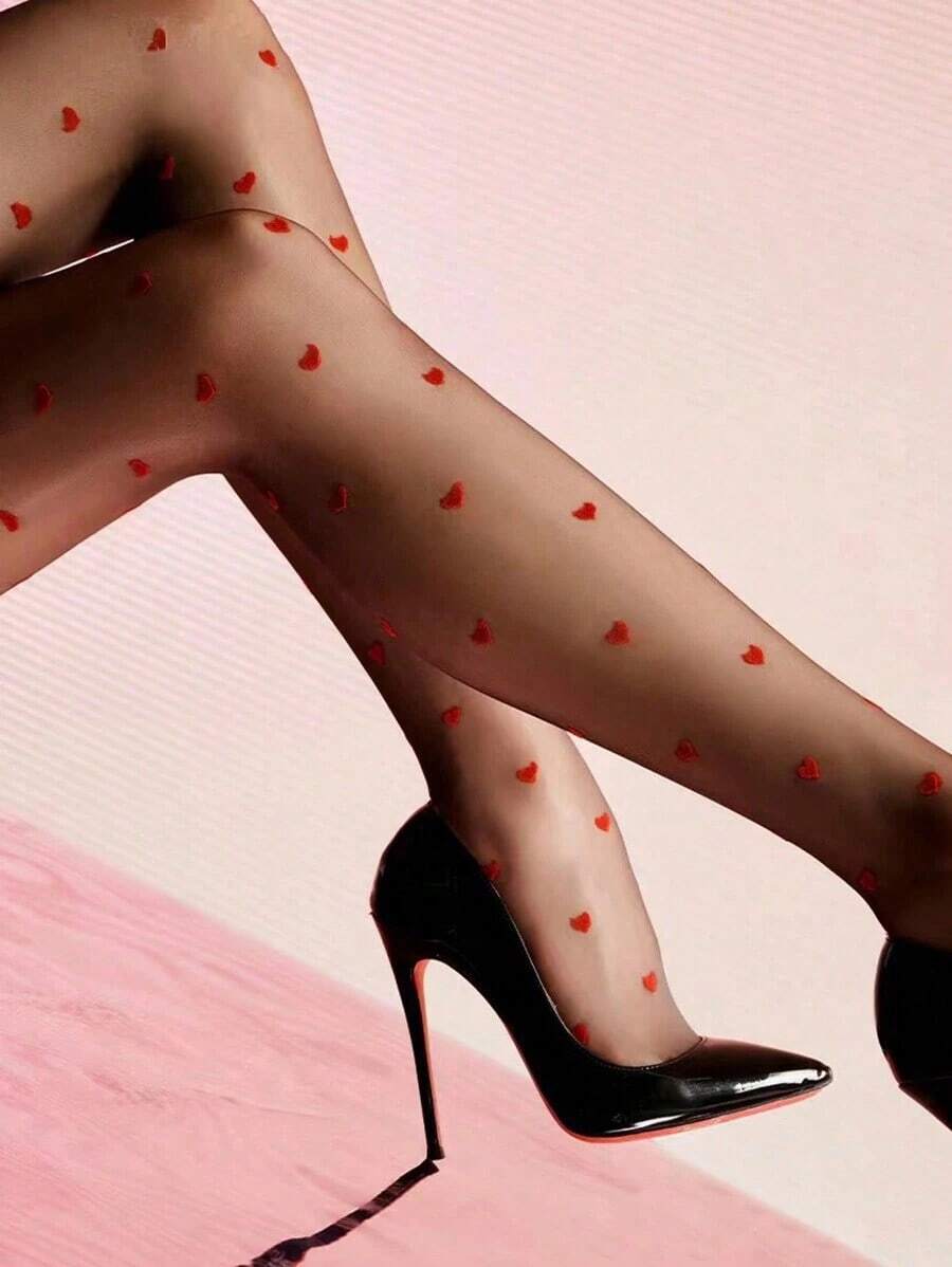 1pc Women's Jacquard Heart Patterned Pantyhose Tights - 彩色 - 查看 1