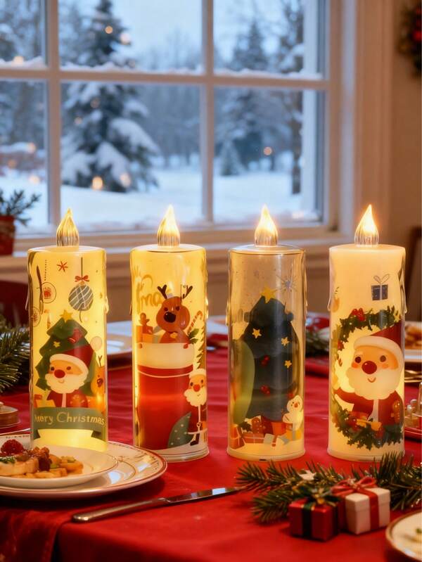 4 piezas de luces de vela electrónicas LED navideñas, luces nocturnas sin llama de Papá Noel, decoración de escena, mini farol de vela navideña con muñeco de nieve y Papá Noel, vela electrónica con patrón de cristal acrílico con batería, velas navideñas y silenciosas (batería incluida), adecuadas para decoración del hogar, luces de ambiente para fiestas de cumpleaños y vacaciones
