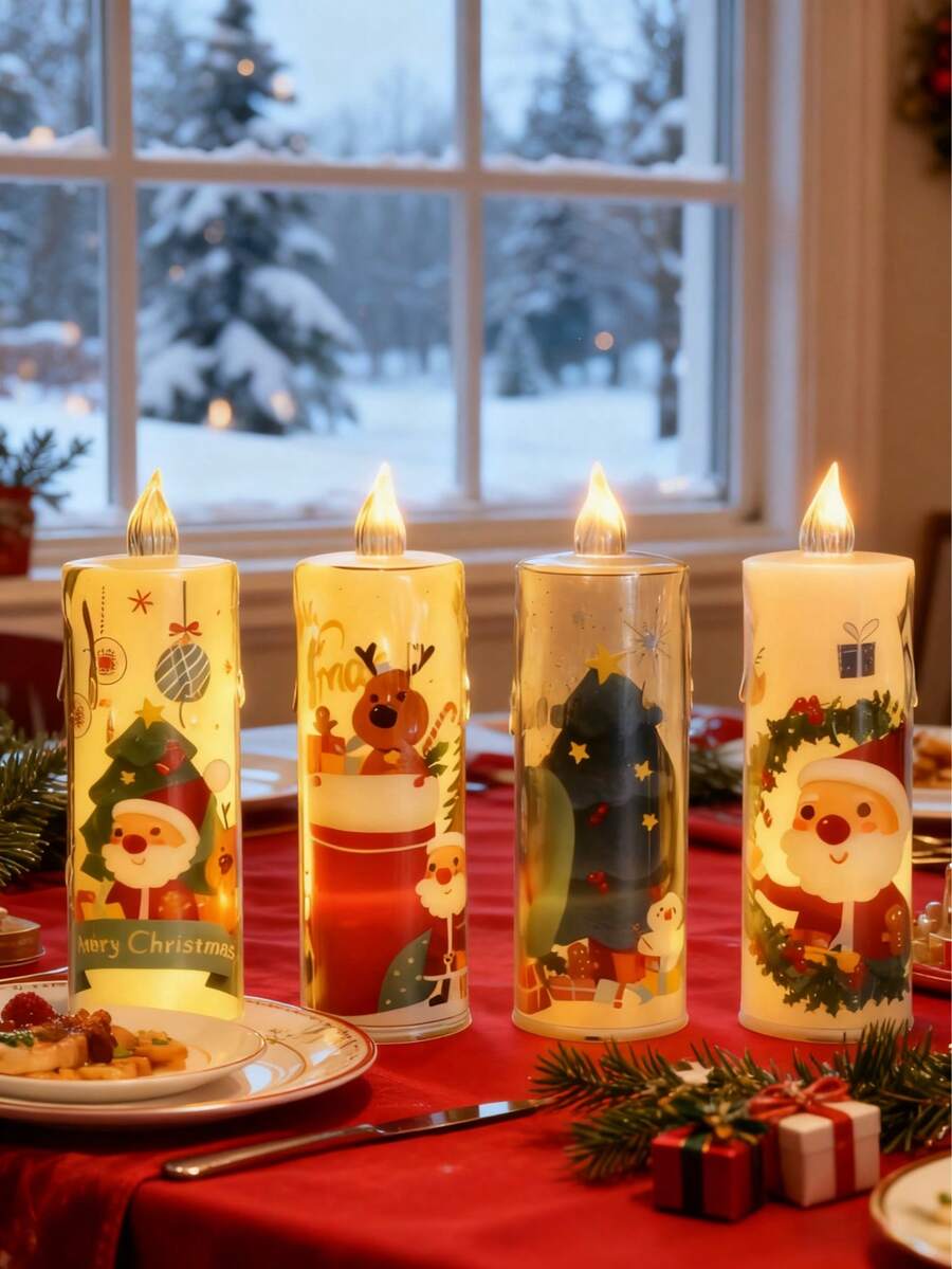 4 piezas de luces de vela electrónicas LED navideñas, luces nocturnas sin llama de Papá Noel, decoración de escena, mini farol de vela navideña con muñeco de nieve y Papá Noel, vela electrónica con patrón de cristal acrílico con batería, velas navideñas y silenciosas (batería incluida), adecuadas para decoración del hogar, luces de ambiente para fiestas de cumpleaños y vacaciones