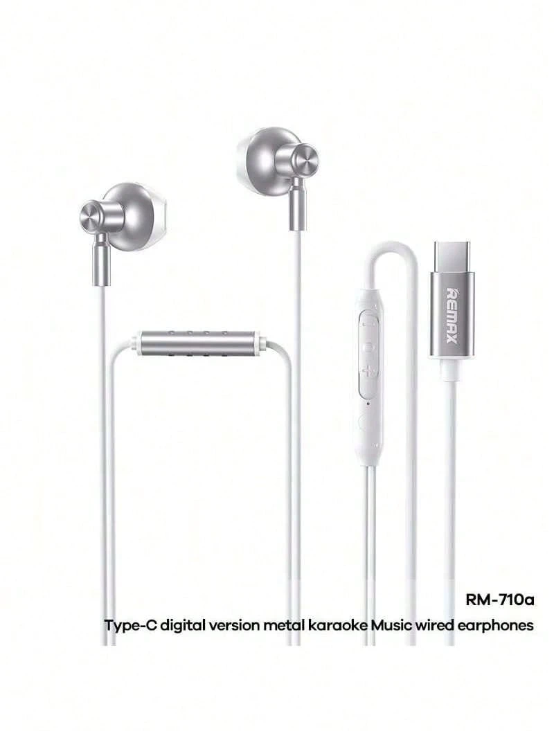 REMAX RM-710a Type-C Wired Earphones, HD Sound Quality, Accurate Microphone, Ergonomic Fit, Suitable For Singing And Talking, Glacier Silver