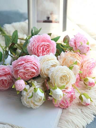 3PCS Artificial Peony Bouquets, Rose Bouquets, Silk Colorful Roses With White Artificial Green Leaves, Decorative Dried Flowers, Artificial Flowers, Suitable For Wedding Decorations, Valentine's Day, Home Crafts And Flower Arrangements, Birthday Parties, Gatherings, Wedding Flower Baskets, Bridal Bouquets