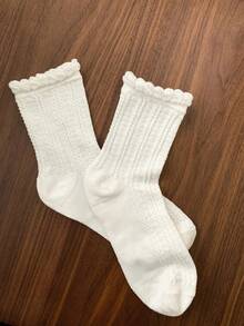 1 Pair Solid Crew Socks Women's Summer Thin Medium Socks Solid Color Black And White Long Tube Lace Stacked Socks Sweet Girl Student Socks