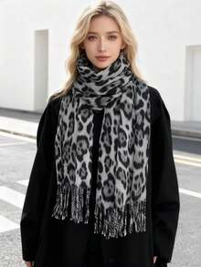 1 Khăn quàng cổ họa tiết da báo 68*200cm dành cho nữ, khăn choàng tua rua bằng vải cashmere giả dày, cổ điển & đa năng, ấm áp cho mùa thu/đông để mặc - Khăn quàng cổ họa tiết da báo - Xem 4