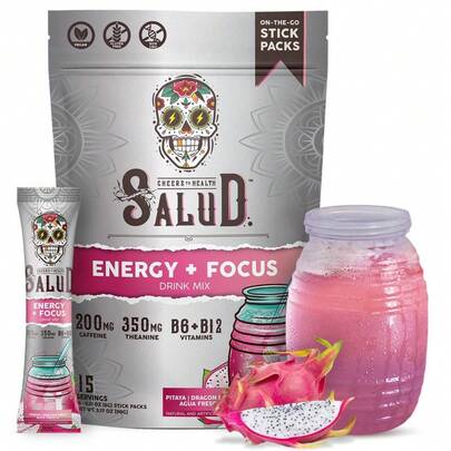 Salud 2-In-1 Energy & Focus Drink Mix With 200mg Organic Caffeine, Pitaya (Dragon Fruit) Flavor, 350mg L-Theanine & 500mg L-Tyrosine, Clean Energy Drink, Vegan, Non-GMO, Gluten Free - Beverage