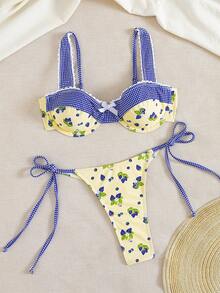 女士夏季泳装，甜美可爱风格，饰有小蕾丝和蝴蝶结，钢圈设计，充满少女魅力，休闲印花款式，适合海滩度假和泳池派对。 - 彩色 - 查看 3