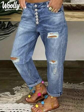 單鈕扣領直筒牛仔褲，磨損加捲邊設計