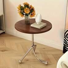 Stainless Steel Small Round Living Room Table (Vintage/Retro Style) Space-Saving Nightstand With Sturdy Bracket Base (Sofa/Coffee/End Table For Bedroom/Balcony) - Walnut - View 9