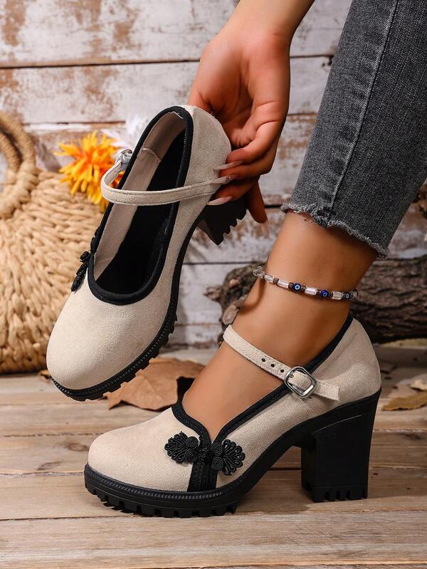 أحذية نسائية بكعب سميك وأصبع قدم دائري وحزام مشبك، طراز كلاسيكي، مريحة للربيع والخريف وجميع المواسم، مقاس كبير من 36 إلى 43