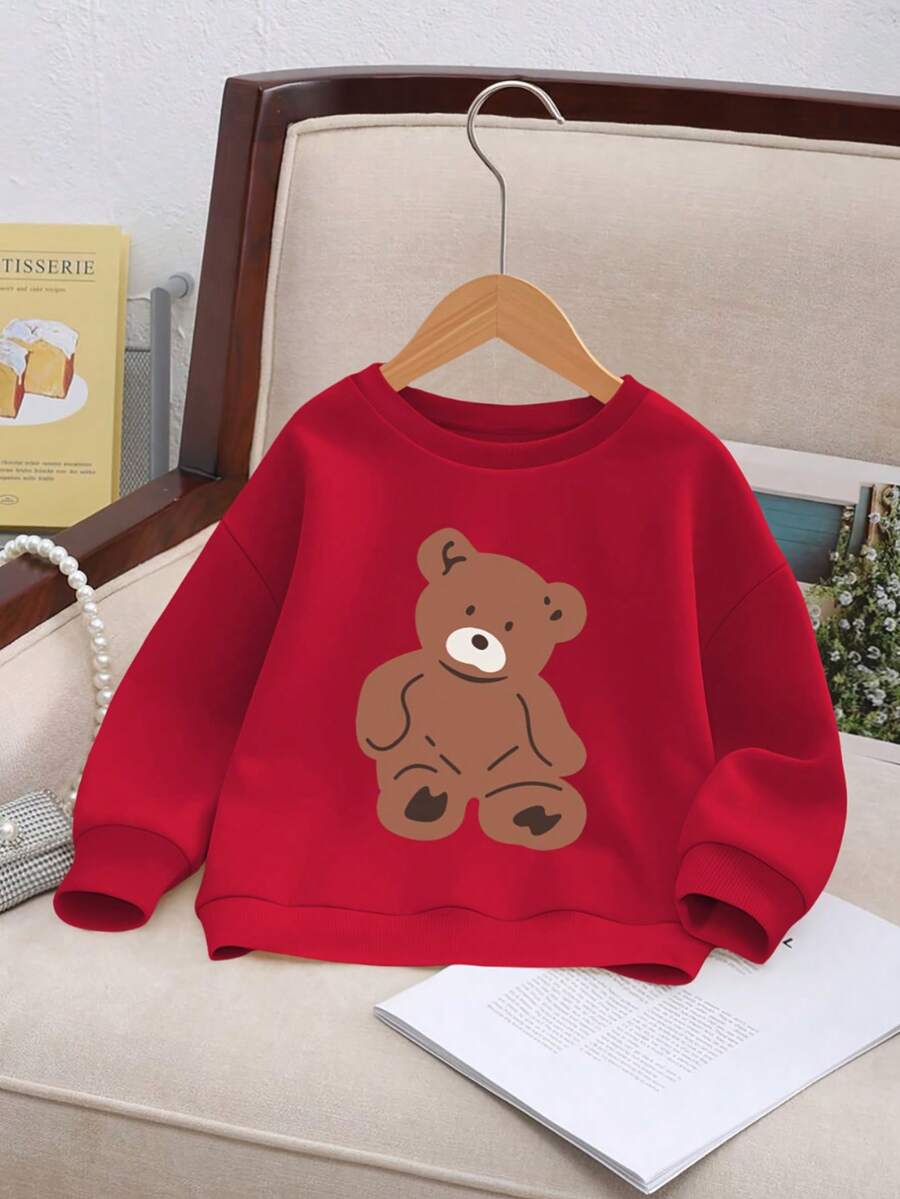 KID004Girls' Cute Cartoon Bear Graphic Sweatshirt - Soft Pink Crew Neck Pullover with LOVE Design, Machine Washable, Perfect for FallWinter, Casual & Cozy Outfit, Bear Clothes - Rojo - Ver 1