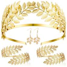 Greek Goddess Costume Accessories Set For Women Golden Laurel Leaf Crown Headband Coil Upper Arm Bracelet Golden Bracelet Pearl Leaf Dangle Earring Faux Pearl Earrings Necklace Bridal Wedding