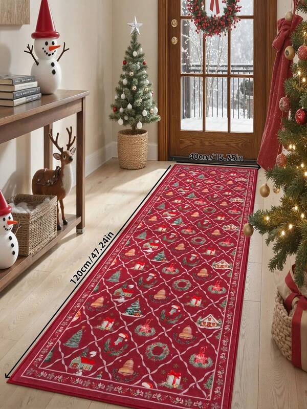 1 pezzo Tappeto rosso a quadri con ghirlanda natalizia e albero di Natale per corridoio, tappeto decorativo per cucina, zerbino di benvenuto per porta, tappeto antiscivolo e facile da pulire per camera da letto, decorazione natalizia, accessori per la casa, forniture per feste