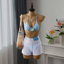 Bellisia Summer Beach Striped Triangle Bikini Set & Mesh Shorts - Blue and White - View 10