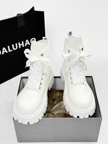 SLnU3 3pcs Men's Fashion Casual Thick Sole Lace-Up Boots, Creative Design With Zipper, Punk Hip-Hop British Street Style, Versatile For All Seasons - White - View 10