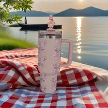 1pc,40 Oz H2.0 Cup,Camping Full Body Floral Pattern, 40oz Cup Stainless Steel Vacuum Insulated Tumbler With Lid And Straw For Water, Iced Tea Or Coffee, Smoothie And More, 40oz Reusable Double Walled Vacuum Insulated Stainless Steel Water Bottle With Handle For Outdoor Activities, ,  For Camping, Hiking, Can A Gift For Friends And Relatives - 40oz蝴蝶結粉 - 查看 8