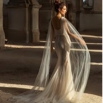 1pc Solid Color Bohemian Mesh Minimalist Elegant Two-Piece Floor-Length Bridal Shawl Capelet, Suitable For All Seasons