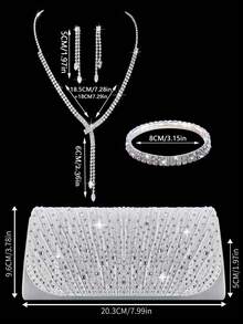 闪亮水钻翻盖晚宴包/派对包，优雅时尚的褶皱手拿包/派对包，配有闪亮水钻首饰两件套，适合派对、晚宴、聚会、舞会、婚礼和其他场合。 - 銀色 - 查看 4