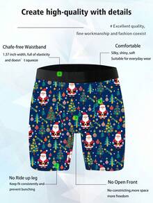 Naughty And Cute Home Leisure Men's Long Boxer Briefs, Milk Silk Knitted Fabric, Soft And Skin-Friendly, Quick-Drying And Breathable, Santa Claus Pattern Print, 1 Pack Of Men's Novelty Shorts
