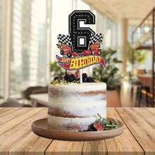 DBlack Glitter Flag Car 6 Happy Birthday Cake Topper Cheer To Racing Car Sport Theme Decor Plies Boys Girls Happy 6th Birthday Party Decorations - 黑色 - 查看 5