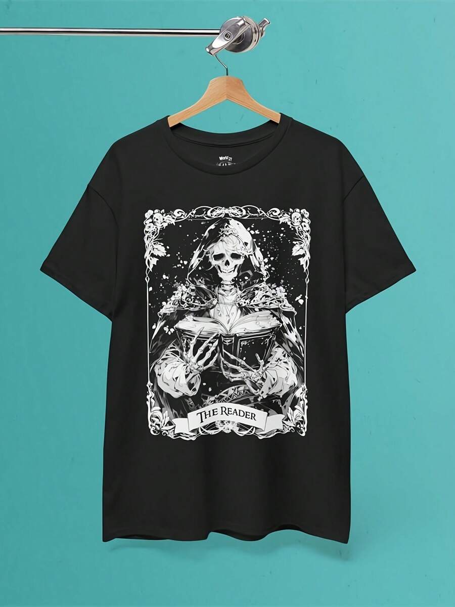 The Reader Tarot Card T-Shirt Witchy Skeleton Book Lover Tee - Style3 - 查看 1