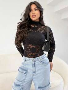 Body De Renda Feminino Preto Transparente Manga Longa Floral Sensual Moda - Preto - Visão 3