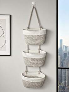 1Set/3pcs Three-Layer Home Wall Mounted Rope Storage Basket, Gray White Mixed Color Bohemian Style Home Storage Basket, Handmade, Suitable For Household Bedrooms, Living Rooms, Miscellaneous Sorting And Storage, Suitable As A Christmas Gift For Children, Bathroom Accessories, Room Decor - Multicolor - View 11