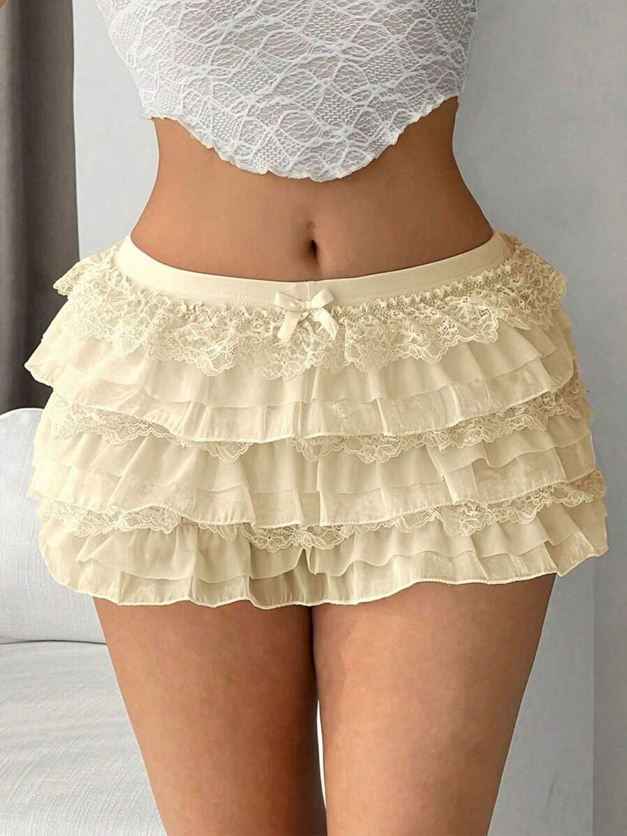 Minifalda con volantes y capas de encaje de estilo Y2K, de talle bajo, falda corta con volantes y capas, falda linda con múltiples capas tipo pastel - Beis - Ver 1