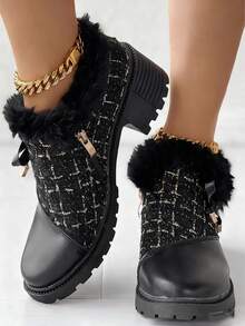 Autumn/Winter New Formal High Heel Shoes, Women's Shoes With Thick Soles, Tweed Patch, Black & Colorblock, Bow Decor, Retro Loafers,Fur Shoes