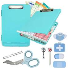 - Kit de enfermera - Accesorios de enfermera para el trabajo Tijeras de trauma, portapapeles con almacenamiento, carrete de insignia, luz de bolgrafo, notas adhesivas, bolgrafo y hoja de - Turquesa + A4 - Ver 2