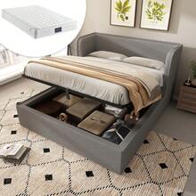 Upholstered Double Bed 160x200 With Hydraulic Storage Space, Black Frame With Slatted Frame, Wide Side Rests & Grey Removable Linen Cover (With Mattress) - Grey + Linen + 160cm*200cm - View 1