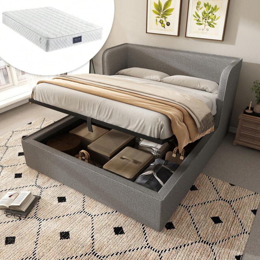 Upholstered Double Bed 160x200 With Hydraulic Storage Space, Black Frame With Slatted Frame, Wide Side Rests & Grey Removable Linen Cover (With Mattress) - Grey + Linen + 160cm*200cm - View 1