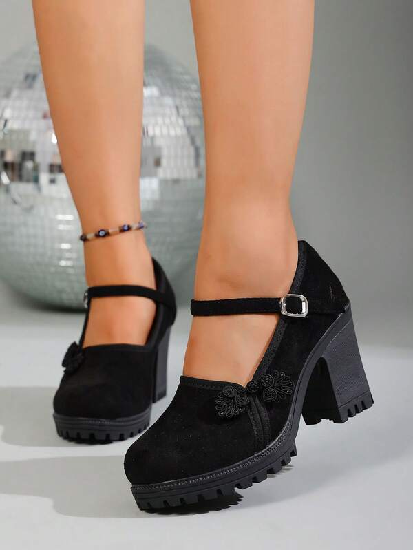 أحذية نسائية بكعب سميك وأنيق بطراز كلاسيكي، مقاس 36-43، أصابع قدم دائرية، حزام إبزيم، مريحة للربيع والخريف وجميع المواسم