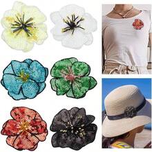 6 Pcs Sequins Flower Beaded Patches Clothing Colorful Handmade Floral Embroidery Patch Applique Clothes Flower Decorated Motifs Sew On Clothes Garment Accessory - 最初的 - 查看 2