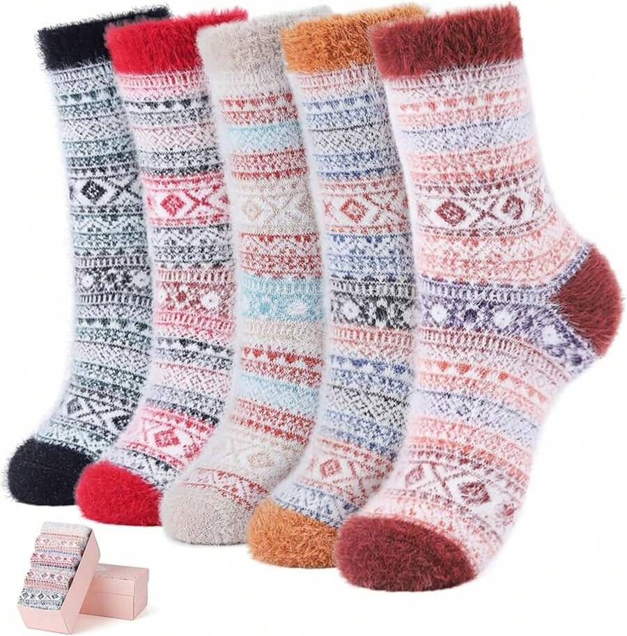 SISOSOCK 5 Pairs Fuzzy Soft Cozy Fluffy Socks Women, Casual Thick Plush Comfy Sleep Socks, Warm Winter Gifts Women - 多色-c2 - 查看 1
