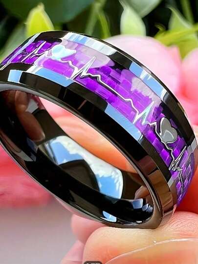 Black Inlaid Carbon Fiber Electrocardiogram Stainless Steel Ring Gold Electrocardiogram Ring, Love Declaration, Wedding Ring For Men And Women, Suitable For Men And Women