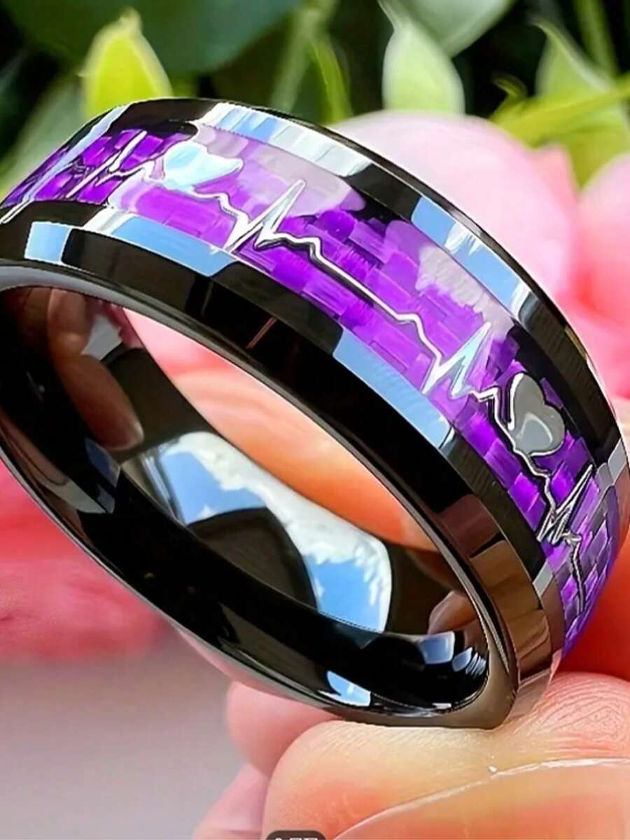 Nhẫn điện tâm đồ bằng thép không gỉ sợi carbon khảm đen Nhẫn điện tâm đồ vàng, Tuyên bố tình yêu, Nhẫn cưới cho nam và nữ, Phù hợp cho nam và nữ
