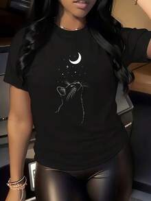 Printed Pajama T-Shirt, Cute Cartoon Cat Printed T-Shirt, Round Neck Short Sleeve Women's Top, Summer Casual Printed T-Shirt Women's Top Homewear - Black - View 2