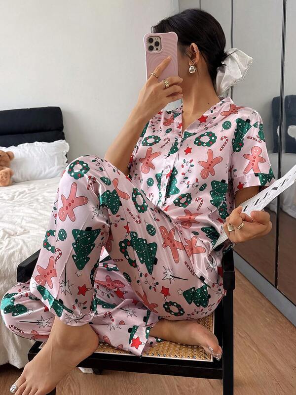 Conjunto de pijama feminino de cetim com 2 peças, blusa de manga curta com gola de beisebol e calça comprida, roupa de dormir feminina adequada para todas as estações