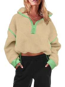 Women's Viral Sherpa Pullover Oversized Half Zip Sweatshirt | Cozy Y2K Winter Loungewear With Pocket Tumbler Fit - màu nâu - Xem 4