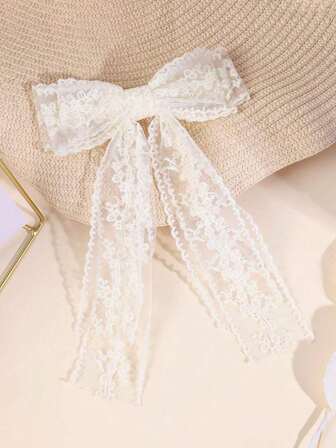 1pc White Bow Hair Clip, Suitable For Girls, Lace Alligator Clip, Bow Hair Clip For Women, Flower Decor Claw Clip Hair Accessory, School Supplies, Hair Slide, Hair Barrettes