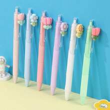 6 canetas esferográficas coloridas de gel tulipa, tinta preta de 0,5 mm, adequadas para escola, casa, escritório, papelaria, crianças, meninas, presentes
