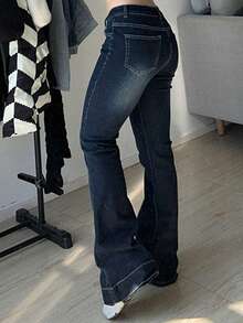 女式 Y2K 低腰休闲牛仔喇叭裤，带口袋 - 藍色 - 查看 3