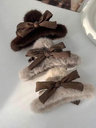 1 件女士兔毛蝴蝶结发夹，超大蓬松鲨鱼爪发夹，秋冬时尚发饰优雅爪夹冬季发夹