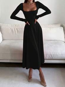 Rochie midi elegantă, fără mâneci, de înaltă calitate, cu strângere în talie, rochie mulată cu guler, spate racer, rochie evazată în formă de A, culoare solidă, pentru femei - Negru - Vizualizare 3