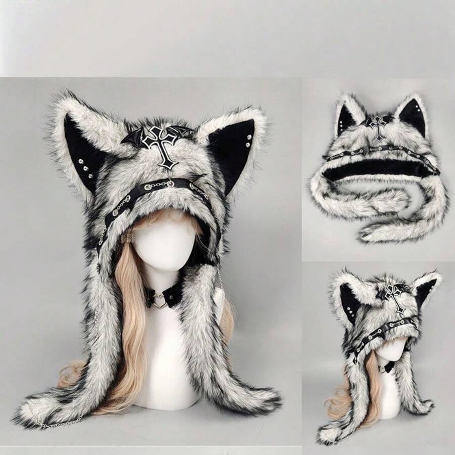 Dark Gothic Style Plush Hat, Winter Hat With Cat Ears, Punk Rock Warm Hat, Suitable For Christmas, Halloween, Christmas Gifts - trắng - Xem 1