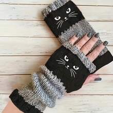 Elegante Damen Fingerlose Handschuhe mit Katzen-Stickerei und Kontrastfarben im Retro-Stil - Touchscreen-kompatibel, winterwarm, lila-graue horizontale Streifen, dehnbare Manschetten geeignet für Smartphone/KameraLässigLässig- und Businessoutfits (nur Handwäsche)
