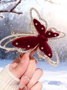 Winter Light Luxury Super Hold Oversized Hair Claw For Women - Soft Fluffy Plush Hair Accessory With Exquisitely Sculpted Metal Frame, Hand-Inlaid Premium Rhinestone Butterfly Motif, High-End Polished Metallic Finish, Sturdy Non-Slip Jaw Clip With Anti-Slip Silicone Lining, Skin-Friendly Plush Fabric, Oversized Size For Thick/Extra-Thick/Medium/Long Hair