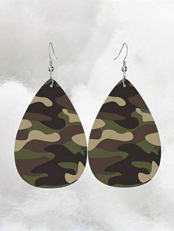 1 Pair Retro Bohemian Camouflage Pattern Olive Shaped Earrings, Suitable For Casual Wear Or Gifts